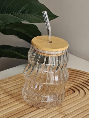 Transparent Striped Glass Mug with Straw