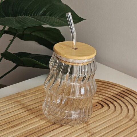 Transparent Striped Glass Mug with Straw